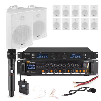 Zestaw białych głośników naściennych 12 x 6.5" BC65V z zestawem mikrofonów bezprzewodowych