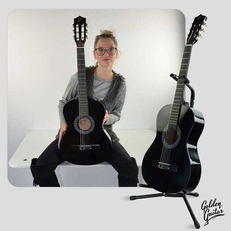 Zestaw: Gitara klasyczna 4/4 38" kolor czarny GK38CZ Golden Guitar+ pokrowiec+ tuner+ struny+ kostki+ statyw podłogowy