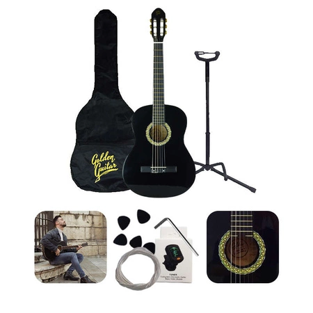 Zestaw: Gitara klasyczna 4/4 39" kolor czarny GKS39CZ Golden Guitar+ pokrowiec tuner struny kostki+ statyw podłogowy