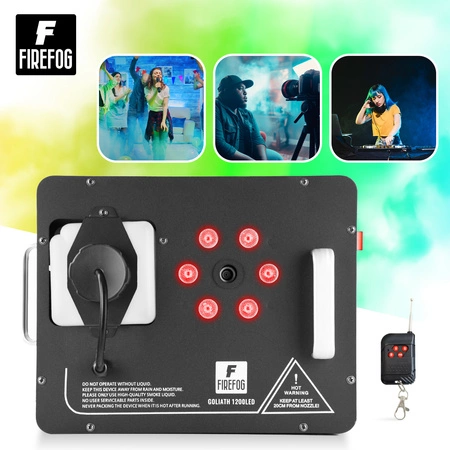 Zestaw: Wytwornica dymu pionowego z LED RGB 1200W Goliath1200LED DMX pilot /Firefog + płyn 5L