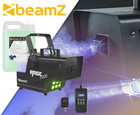 Zestaw: Wytwornica dymu LED 1000W Rage1000LED+ płyn do dymu 5L BeamZ