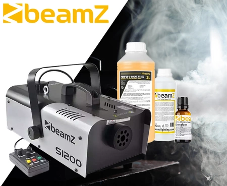 Zestaw: Wytwornica dymu 1200W S1200MKII+ płyn do dymu 1l+ płyn do czyszczenia wytwornic+ zapach Beamz