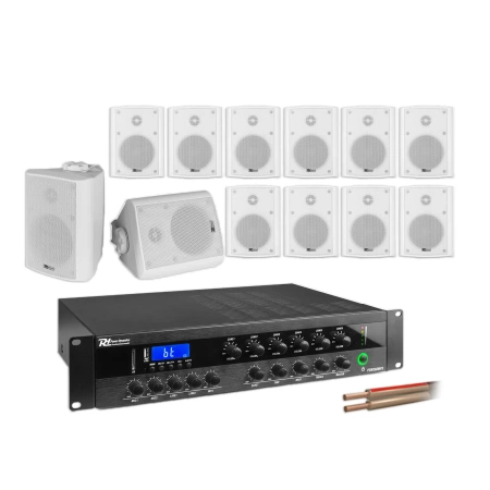 6 strefowy system głośników naściennych 12 x BC40V biały + wzmacniacz PDW360MP3 BT