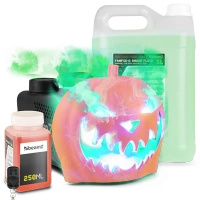Zestaw Imprezowy: Maszyna do dymu LED z głową dyni na imprezy tematyczne + płyn do dymu 5l