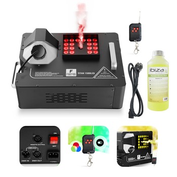 Zestaw: Wytwornica dymu pionowego LED 1500W Titan1500LED pilot DMX/ Firefog + płyn 1L