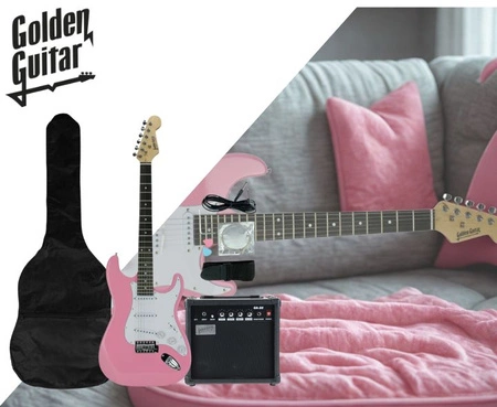 Gitara elektryczna - kompletny zestaw -Golden Guitar STEG-20 Różowa Stratocaster