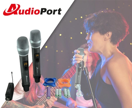 Zestaw 2 mikrofonów bezprzewodowych doręcznych UHF+ odbiornik Audioport MU2