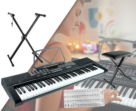 Zestaw: Keyboard 61 klawiszy bateryjno-sieciowy+ statyw+ stołek+ naklejki na klawisze