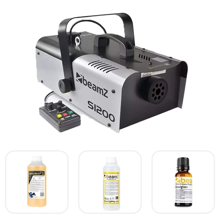 Zestaw: Wytwornica dymu 1200W S1200MKII+ płyn do dymu 1l+ płyn do czyszczenia wytwornic+ zapach Beamz