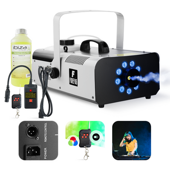 Zestaw: Wytwornica dymu z LED RGB 1500W Eagle 1500LED dwa piloty/ Firefog + płyn 1L