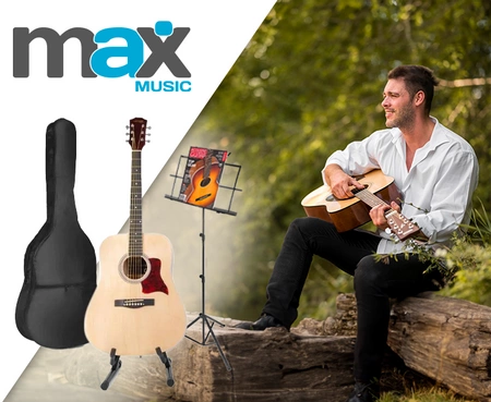 Zestaw: Gitara akustyczna Solojam Western naturalna Max + akcesoria, statyw i pulpit na nuty