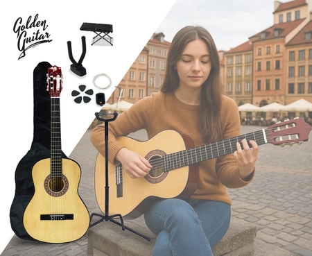 Zestaw: Gitara klasyczna 39" 4/4 naturalna+ akcesoria 2x statyw+ podnóżek gitarowy Golden Guitar
