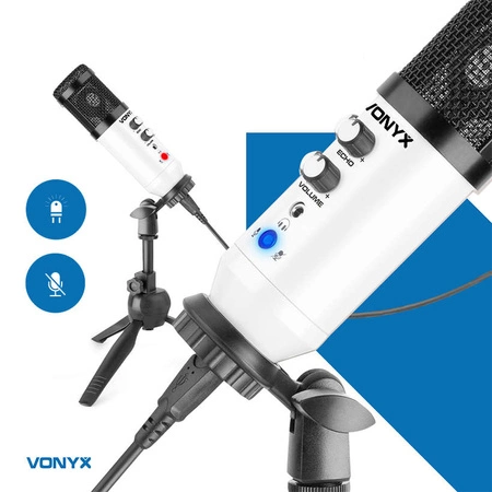 Mikrofon studyjny USB Vonyx CM320W ze statywem stołowym - biały