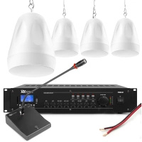 Zestaw białych głośników wiszących 4 x 6.5" PDS65W z wzmacniaczem oraz mikrofonem biurkowym