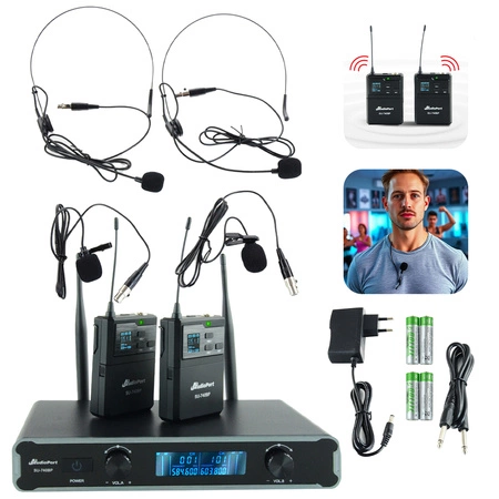 Zestaw mikrofonów bezprzewodowych UHF 2x nagłowny+ 2x krawatowy 2x bodypack+ stacja Audioport SU-740HH
