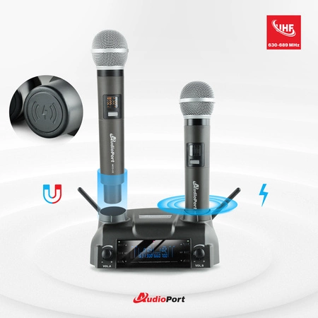 Zestaw mikrofonów bezprzewodowych doręcznych UHF+ stacja ładująca Audioport MCD-U2