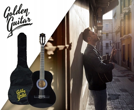 Zestaw: Gitara klasyczna 4/4 38 kolor czarny GK38CZ Golden Guitar+ pokrowiec+ tuner+ struny+ kostki