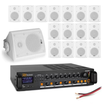 Zestaw białych głośników naściennych 16 x 4" BC40V z wzmacniaczem 4 strefowym
