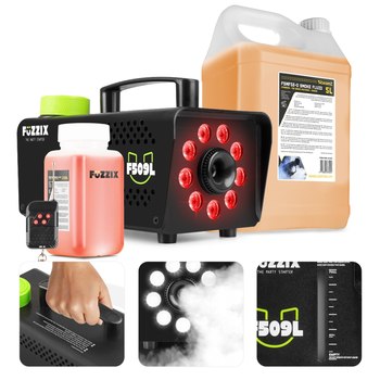 Zestaw: Wytwornica dymu LED 500W F509L Fuzzix+ płyn do dymu 250ml gratis+ płyn do dymu 5l