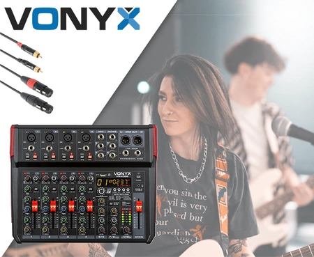 Mikser muzyczny 8-kanałowy REC BT DSP USB VM-KG08 Vonyx+ kabel CX68-3 2x XLR żeński-2x RCA męski 3.0m