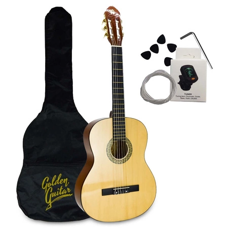 Zestaw: Gitara klasyczna 4/4 39" kolor naturalny GKS39NAT Golden Guitar+ pokrowiec tuner struny kostki