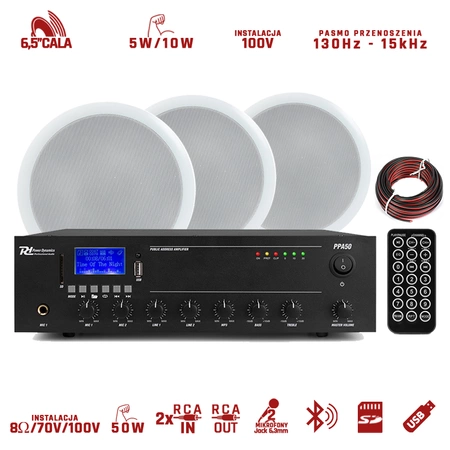 Zestaw instalacyjny 100V, głośnik sufitowy, wzmacniacz, okablowanie Power Dynamics