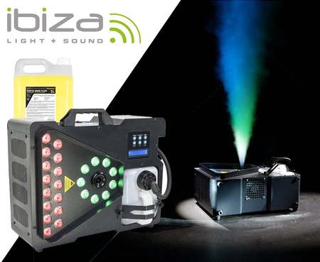Zestaw: Wytwornica dymu pionowego 1800W DMX LED RGBA & RGBW+ płyn do dymu 5L