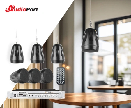 Zestaw czarnych głośników wiszących 6 x 5.5" AW32-B ze wzmacniaczem