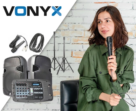 Zestaw nagłośnieniowy 300W 2x kolumna 10'' mikser mikrofon statywy Vonyx