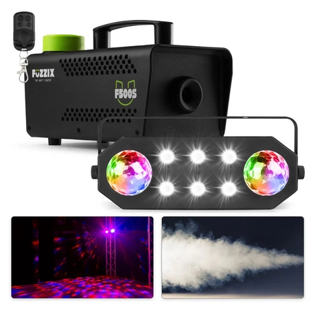 Zestaw: Wytwornica dymu 500W pilot+ płyn gratis+ reflektor LED RGBAWP StrobeMoon 2 w 1