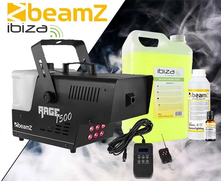 Zestaw: Wytwornica dymu LED 1500W Rage1500LED+ płyn do dymu 5l+ płyn do czyszczenia wytwornic+ zapach Beamz