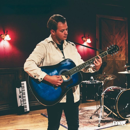 Zestaw: Gitara akustyczna Max Solojam Western niebieska MAX +akcesoria, statyw i pulpit na nuty