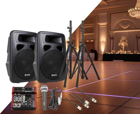 Zestaw mobilny DJ: 2x Kolumna aktywna 12'' 600W+ mikser + statywy+ mikrofon+ okablowanie