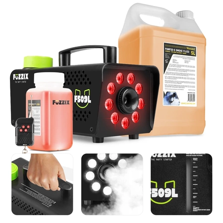 Zestaw: Wytwornica dymu LED 500W F509L Fuzzix+ płyn do dymu 250ml gratis+ płyn do dymu 5l