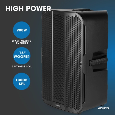 Zestaw kolumn aktywnych Vonyx VD715A z Bluetooth i bezprzewodowym parowaniem stereo - Bi-amp - 15 cali - 1800W