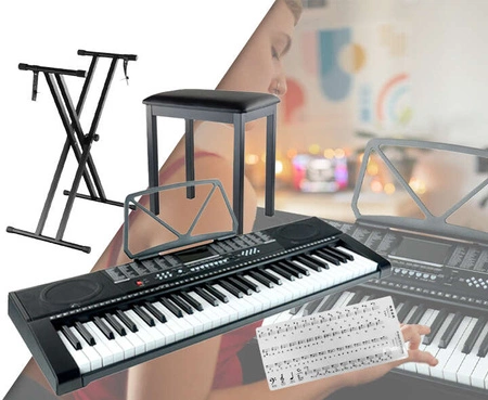 Zestaw: Keyboard 61 klawiszy bateryjno-sieciowy+ podwójny statyw pod keyboard+ ławka+ naklejki na klawisze