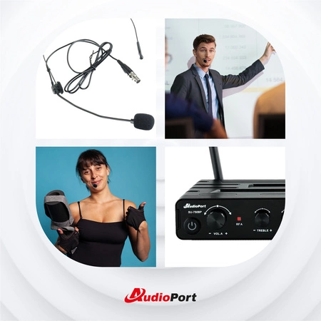 Zestaw mikrofonów bezprzewodowych UHF 2x nagłowny bodypack krawatowy Audioport SU-750BP