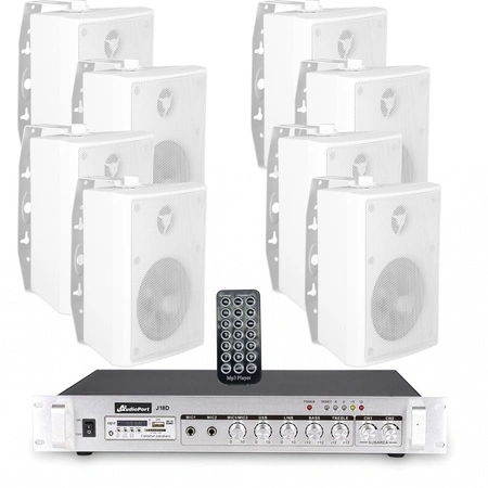 Zestaw białych głośników naściennych 8x 4'' z 2-strefowym wzmacniaczem