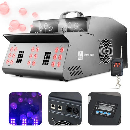 Zestaw: Wytwornica baniek i dymu z efektem LED Octopus 1500BL DMX pilot Firefog + płyn do dymu i baniek 2x 5L