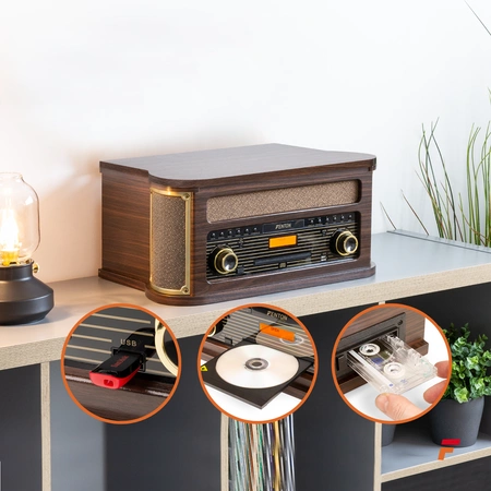 Gramofon Memphis Fenton BT CD DAB+ FM USB brązowy