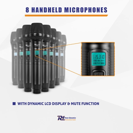 Zestaw mikrofonów bezprzewodowych Power Dynamics UHF PD528 z 8 mikrofonami ręcznymi