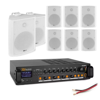 Zestaw białych głośników naściennych 8 x 6.5" BC65V z wzmacniaczem 4 strefowym