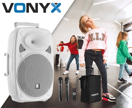 Kolumna z mikrofonami/ nagłośnienie mobilne Verve46 15”Vonyx biały+ pokrowiec