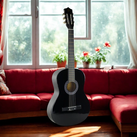 Zestaw: Gitara klasyczna 39" 4/4 czarna+ akcesoria+ 2x statyw+ podnóżek gitarowy Golden Guitar