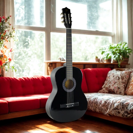 Zestaw: Gitara klasyczna 39" 4/4 czarna+ akcesoria+ 2x statyw+ podnóżek gitarowy Golden Guitar
