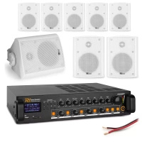 Zestaw bialych głośników naściennych 8 x 4" BC40V z wzmacniaczem 4 strefowym