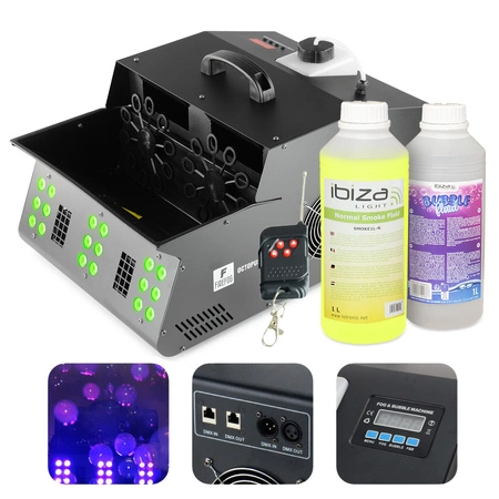Zestaw: Wytwornica baniek i dymu z efektem LED Octopus 1500BL DMX  pilot Firefog + płyn do dymu i baniek 2x 1L