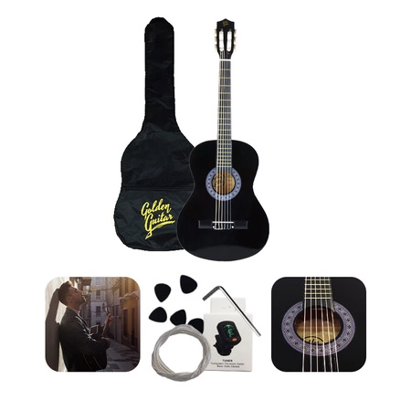 Zestaw: Gitara klasyczna 4/4 38 kolor czarny GK38CZ Golden Guitar+ pokrowiec+ tuner+ struny+ kostki