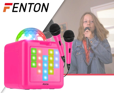 Głośnik bluetooth karaoke z półkulą LED 15W BT 2 mikrofony Fenton różowy