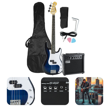 Gitara basowa - kompletny zestaw -Golden Guitar PBGB-40 czarno-niebieska